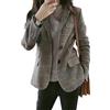 Leyoutx Giacca a Maniche Lunghe da Donna con Risvolto Dentellato in Lana Scozzese Slim con Toppa sul Gomito, Cachi, Large