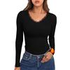Crewhpo Maglia Donna Scollo a V Pizzo Maniche Lunghe Tinta Unita Casual