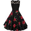 AXOE Donna Vestito Vintage Anni 50 60 con Pizzo Senza Maniche Midi Floreale Cotone Abito da Cerimonia, Cocktail, Estate Nero e Rossa F1B, Taglia 54, 4XL