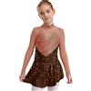 Linjinx Vestito da Pattinaggio Artistico per Bambina Body Ballet Manica Lunga Dettagli con Pietre Scintillanti Costume Gara Pattinaggio per Esibizioni Anni Marrone 11-12 Anni