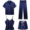 Generic Pigiama da Donna, 4 Pezzi, in Raso, Sexy, per la casa, Estivo, per Ragazze, in Seta, a Maniche Corte, da Notte, con Bottoni, Maglietta + Top + Pantaloni Baggy + Pantaloncini Corti