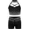 HULIJA Bambina Bambina Abbigliamento Ginnastica Strass Glitter Tuta Ginnastica Corta Pancia Scoperta Top Danza Con Pantaloncini Pezzi Abbigliamento Balletto Nero 13-14 anni