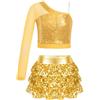 Zaldita 2 Pezzi Abito da Latino Americano Bambina Monospalla in Paillettes Vestito da Ballo di Strada Top Corto e Gonna a Tutu Abiti da Ballo Hip Hop Jazz Scintillant Oro 5-6 Anni