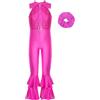 Moggemol Bambina Costume Da Ballo Anni 70 80 Glitter Jumpsuit Disco Pantaloni A Zampa Elastico Per Capelli Abito Da Spettacolo E Festa Rosa acceso 13-14 anni