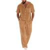 Generic Set di 2 pezzi da uomo in lino, abiti estivi a maniche corte con camicia a bottoni e pantaloni larghi, outfit per la spiaggia e le vacanze, abbigliamento da lounge, Giallo, L