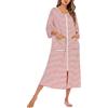 GUOCU Pigiama Da Donna Cerniera Accappatoio Girocollo Manica 3/4 Righe Lunga Vestaglia Sauna Figura Intera Vestito Casual Confortevole Sciolto Loungewear Camicia Da Notte con Tasche