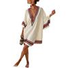Generico Boho Caftano Vestito Lungo Donna - Estate Elegante Scollo V Mezze Maniche Lino Stampa vestibilità Ampia con Tasche Abito Spiaggia Vacanza Casual Chic Leggero Traspirante