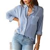 SHEKINI Donna Casual V-Colletto Lunghe Manicotto Camicia a Righe Vintage Classica Camicetta Tasche sul Petto Lavoro Eleganti Ufficio Tasca Blusa