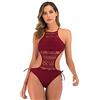 Temptshow Costume da bagno da donna sexy con bikini in pizzo traforato con allacciatura, Marrone, S