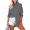 Homlan Camicia da Donna in Cotone, a Maniche Lunghe, Arrotolabile, Elegante, Casual, con Bottoni, Tinta Unita, a Maniche Lunghe, con Tasche sul Petto, Grigio Scuro, M