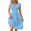 Generisch Vestito midi da donna, tinta unita, con scollo a V, maniche corte e frange, sciancrato e leggero, elegante abito estivo lungo al ginocchio, sottile, alla moda per le vacanze, Celeste., L