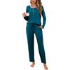 Aseniza Pigiami Invernali Donna Pigiama Cotone in Pizzo Lungo Due Pezzi Manica Lunga Set Pigiama Morbido Blu Verde S