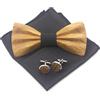 Cyriacus Papillon Legno Uomo Fazzoletto Gemelli Set Papillon da Matrimonio Business Lavoro Laurea Festa nero