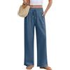 PASUDA Pantaloni Donna Estivi Lino Pantaloni Leggeri Larghi Elastico Vita Alta Lunghi Gamba Dritta Eleganti Pantaloni Palazzo da Spiaggia Jogging Solido Sciolto Casual Comodi con Tasche (Blu, S)