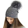 TOSKATOK®Berretto Invernale in Maglia fine da Donna con Applicazione di Diamante Glitter e Grande Pompon in Eco-Pelliccia