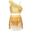 HULIJA Abiti da Ballo Latino Americano per Bambina con Paillettes Glitter Vestito da Gara Spalla Scoperta Top Corto Ballo con Frange Nappe Shorts Costume Danza Oro 9-10 Anni