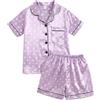JiAmy Set pigiama in raso per ragazze a maniche corte in seta, 2 pezzi, con bottoni, con pantaloncini, abbigliamento da notte estivo per ragazze 7-14 anni, Pois viola corti, 7-8 Years