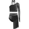 LiiYii Vestito Danza Classica Moterna Bambina Maglietta Crop Top con Strass Gonna da Ballo Latino Jazz Abito da Pattinaggio Artistico Costume Danza del Ventre Nero 13-14 anni