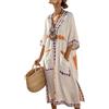 Generico Boho Caftano Vestito Lungo Donna - Estate Elegante Scollo V Mezze Maniche Lino Stampa vestibilità Ampia con Tasche Abito Spiaggia Vacanza Casual Chic Leggero Traspirante