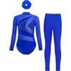 Miutii Body da ginnastica da bambina, a maniche lunghe, con brillantini, con pantaloni, fascia per capelli, pattinaggio artistico, body sportivo, Blu, 134 cm-140 cm