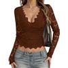Ausing Donna Blusa Elegante Discoteca Camicette Pizzo Mesh Marrone Maglietta Maniche Lunghe Scollo A V da Donna Abbigliamento Manica Lunga Stretta Top Sexy Eleganti Camicia Trasparente Tulle L