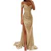 Generic Abito da ballo da donna, abito da festa da donna, maxi abito con paillettes, spalle scoperte, maniche corte, lunghezza al pavimento, abito da sera con paillettes, spacco laterale, per matrimoni