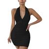 EMOTTOS Donna Mini Abito Increspato, Vestito Bodycon Senza Maniche con Profondo Scollo a V, Aderente Y2K Vestito Schiena Scoperta, Vestito Bodycon da Festa Discoteca Sera Cocktail Party, Nero, M