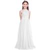 RUNQHUI Vestito da bambina da sposa lungo in chiffon con pizzo da damigella d'onore, abito da sera per compleanno, cerimonia 5-16 anni, bianco, 15-16 Anni