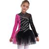 HULIJA Bambina Pattinaggio Artistico Vestito Strass Glitter Pattini A Rotelle Abito Maniche Lunghe Colletto Alto Body Volant Tulle Tutu Gonna Competizione Costume da Danza Nero Rosa Acceso 5-6 Anni