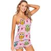Sevdomey Set pigiama sexy da donna con gufi, 2 pezzi, con scollo a V, in raso, con pantaloncini, Simpatici gufi., S