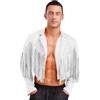 Jugaoge Abbigliamento hippie da uomo crop top giacca corta in finta pelle scamosciata cowboy blazer con risvolto colletto frange giacca primavera autunno cappotto aperto, bianco, L