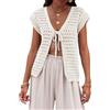 Saodimallsu Cardigan estivo da donna, con scollo a V, sexy, boho, a maniche corte, aperto, a maglia, leggero, da spiaggia, bianco, S