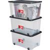 SUNDIS Ventilo, 3 scatole portaoggetti 50L, coperchio nero, ruote | Plastica trasparente, impilabile, ideale per camerette, giocattoli, ufficio, lavanderia