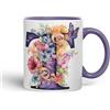 Vixar Tazza con lettera T, fiori floreali e farfalla, lettera dell'alfabeto T, monogramma acquerello, tazza in ceramica colorata per tè, caffè, birra calda, 330 ml, regalo (viola)