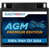 Electronicx Batteria AGM elettronica per moto 12 V 19 Ah 245 A - Sostituisce i modelli 51814, 51913, YT19BL, YT19BL-BS - Senza manutenzione e potente