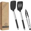 Vonsera Spatole da Cucina, Spatola da Cucina Antiaderente Resistente al Calore, Utensili Che non Graffiano le Pentole, Spatola in Silicone, Lavabile in Lavastoviglie, Nero (Set di 3(2 Spatole+1 Pinza）)