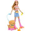 Mattel Barbie - Cucciolo sui pattini, set con bambola dai capelli biondi e cucciolo, guinzaglio e pattini coordinati, include occhiali da sole e accessori per animali,Mattel, Eta 3+