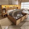 HOXINBLY Letto matrimoniale in legno 180x200 cm con LED e USB-C,letto contenitore effetto rovere,Letto componibile con comodini integrati,struttura letto con rete a doghe e mensola testiera(senza materasso)