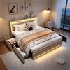 HYNHXBP Letto matrimoniale 140x190 con luce LED e porte USB-C, Letto imbottito con 4 cassetti,Letto contenitore con rete a doghe,per Adulti e Adolescenti,Beige, lino