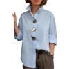 Generico Camicetta da Donna Elegante in Cotone e Lino con Collo alla Coreana e Bottoni Metallici - Camicia da Lavoro a Maniche Lunghe Oversize, Tinta Unita, Primavera/Estate (Blue,M)