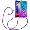 YAMCCCSE Custodia con Cordino per Samsung Galaxy A7 2018/A750, Liquid Quicksand Cover con Collana Practical Stylish,Silicone Glitter Liquido Antiscivolo Case per Cellulare Girocollo，Blu + Viola