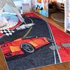 Mazovia Tappeto Salotto - Tapeto Stampato Pelo Corto - Morbido Tappeto Camera da Letto - Antiscivolo Tapeto EMMA - Tappeto Bambini Motivo Auto da Corsa - Rosso Nero 80x150cm