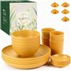 Wrova Set da tavola in plastica riutilizzabile, 16 pezzi, infrangibile, per 4, piatti piani, ciotole per cereali, bicchieri, adatto al microonde e lavabile in lavastoviglie, set da campeggio, giallo