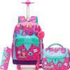 HTgroce Zaino Trolley Scuola Elementare Bambina Gelato- Set 3 in 1 con Borsa e Astuccio - Zainetto con Ruote per Scuola e Viaggio