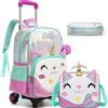 Meetbelify Zaino carino per ragazze con ruote per studenti elementari bambini bagagli da viaggio nero, Sirena