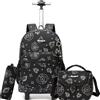HTgroce Zaino Trolley Scuola Elementare Bambino Spazio- Set 3 in 1 con Borsa e Astuccio - Zainetto con Ruote per Scuola e Viaggio
