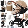 Magic ZC Pelle PU Passeggino Trio, Passeggino 3 in 1 con Spinta Reversibile a Due Vie, Trio Neonati con Accessori, Carrozzina per Neonati con Design Portatile Pieghevole Un Clic (L518 Beige)