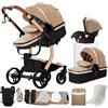 NADDLILY Pelle PU Passeggino Trio, Passeggino 3 in 1 con Spinta Reversibile a Due Vie, Trio Neonati con Accessori, Carrozzina per Neonati con Design Portatile Pieghevole Un Clic (L518 Beige)