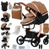 Magic ZC Pelle PU Passeggino Trio, Passeggino 3 in 1 con Spinta Reversibile a Due Vie, Trio Neonati con Accessori, Carrozzina per Neonati con Design Portatile Pieghevole Un Clic (L518 Brown)