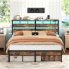 HOOBRO Letto 180 x 200 in Metallo con LED, Struttura Letto Matrimoniale con Presa Elettrica, Porte USB e Spazio Contenitore, con Testiera, per Camera da Letto, Marrone Vintage e Nero EBF80CDBF01